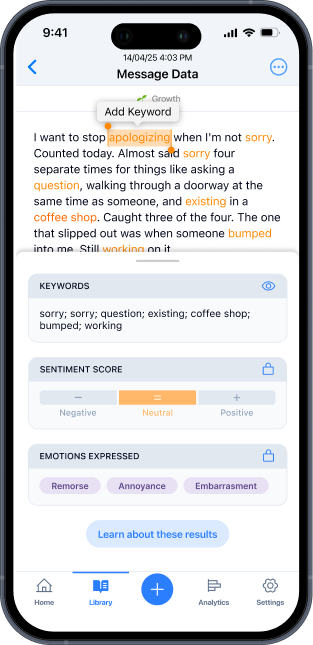 ToSelf message data screen showing AI-generated annotations